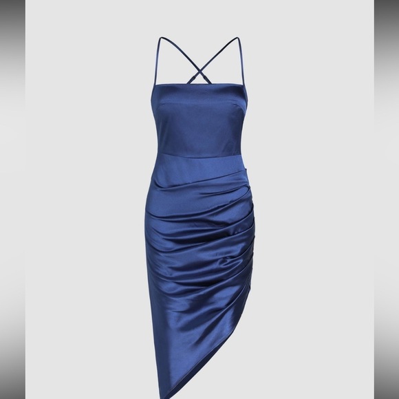 cider Dresses & Skirts - Cider Illusion Ruched Midi Satin Dress Navy Blue NWT